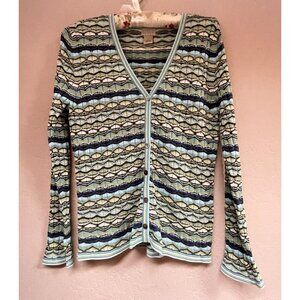 Sigrid Olsen Womens Silk Blend Geometric Crinkle Cardigan Sweater Medium Green